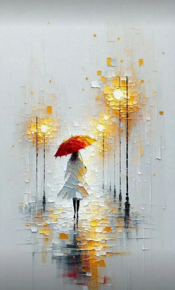 Girl with a red umbrella on a rainy golden street