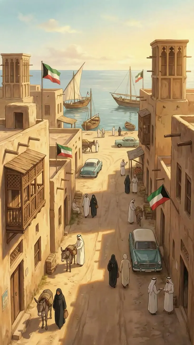 Old Gulf street with the Kuwaiti flag, sea in the distance