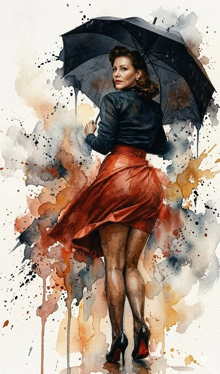 Me and My Umbrella — woman in a red skirt with a black umbrella