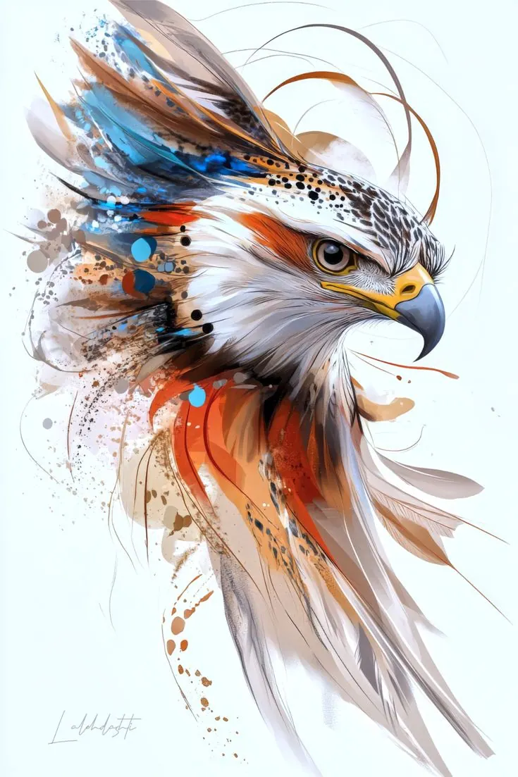 The Gaze of the Falcon — falcon portrait in ink and orange watercolour