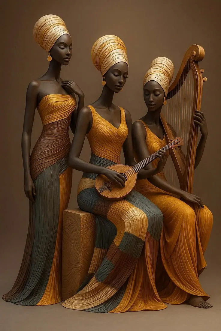 The Sculpted Trio — three golden figures with instruments